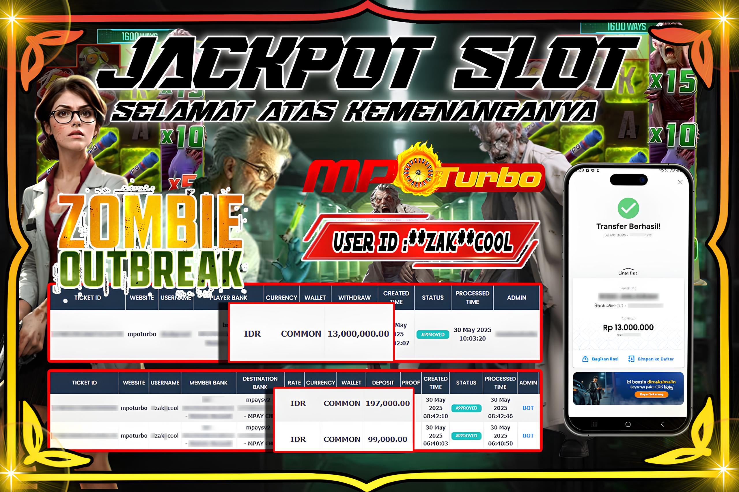 MPOTURBO JACKPOT SLOT ZOMBIE OUTBREAK - PG SOFT Rp 13,000,000.00,- LUNAS